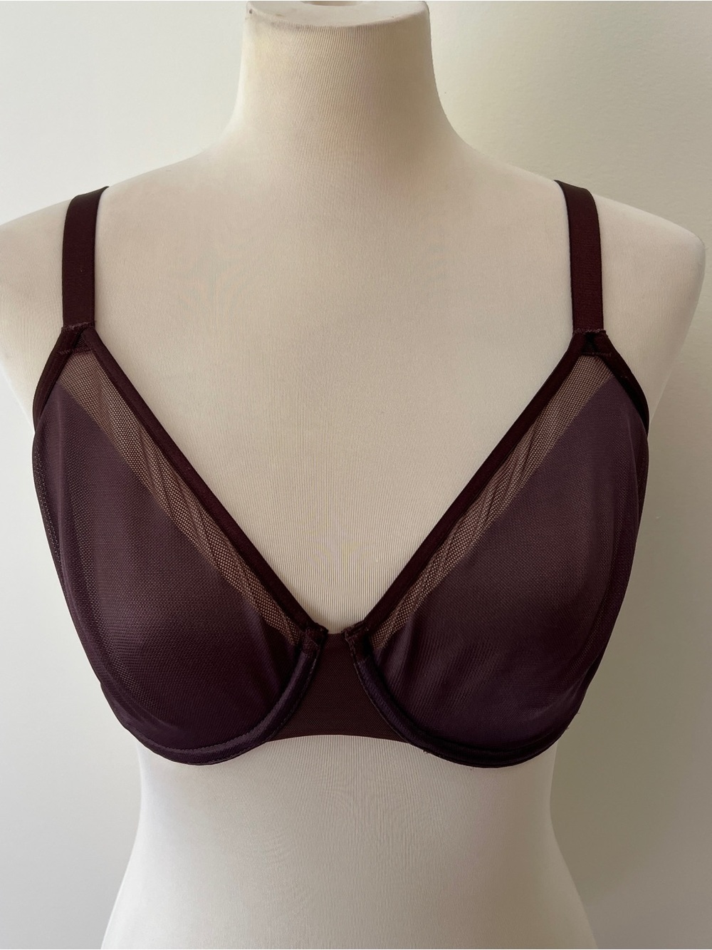 Soma Unbelievable Lift Perfect Coverage Bra 34DD Burgundy sheer underwire